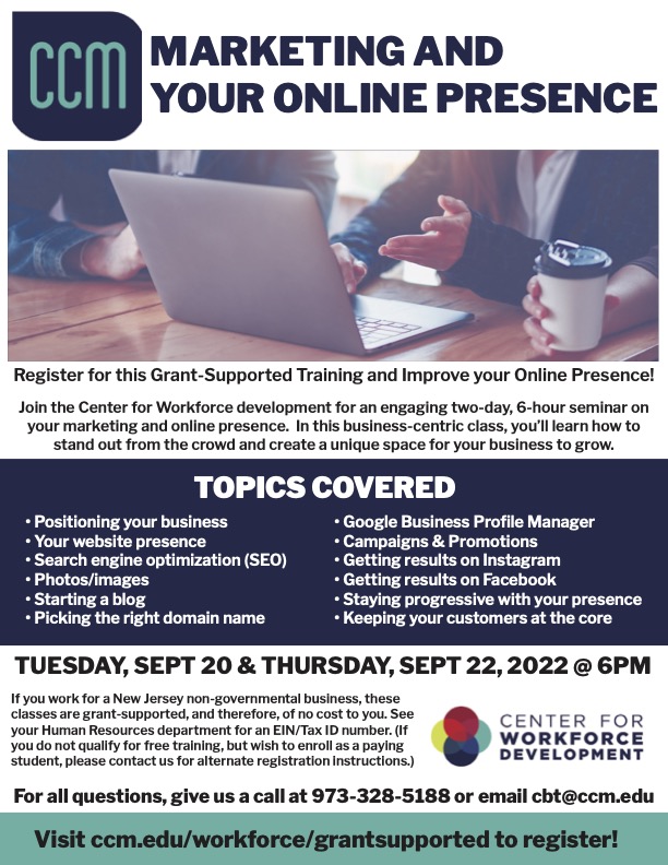 Marketing and your online presence seminar flyer for fall 2022.
