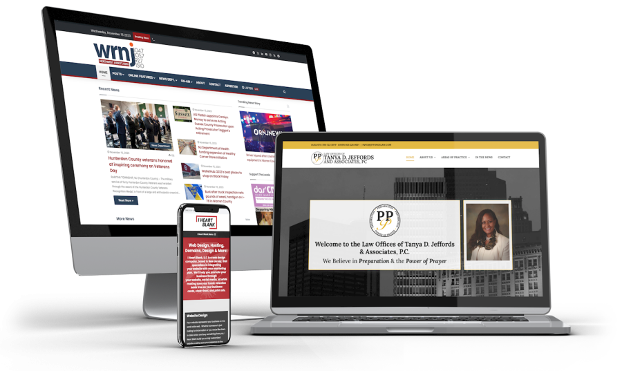 Desktop, laptop and phone with websites I Heart Blank has created. Website Design, New Jersey | I Heart Blank, LLC