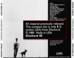 Back of CD cover of Minor Threat's Complete Discography.